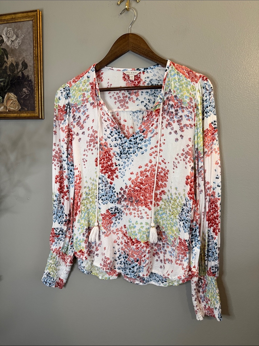 Lucky Brand Floral Tassel Tie Peasant Blouse 100% Viscose Boho Size Medium - Picture 4 of 9